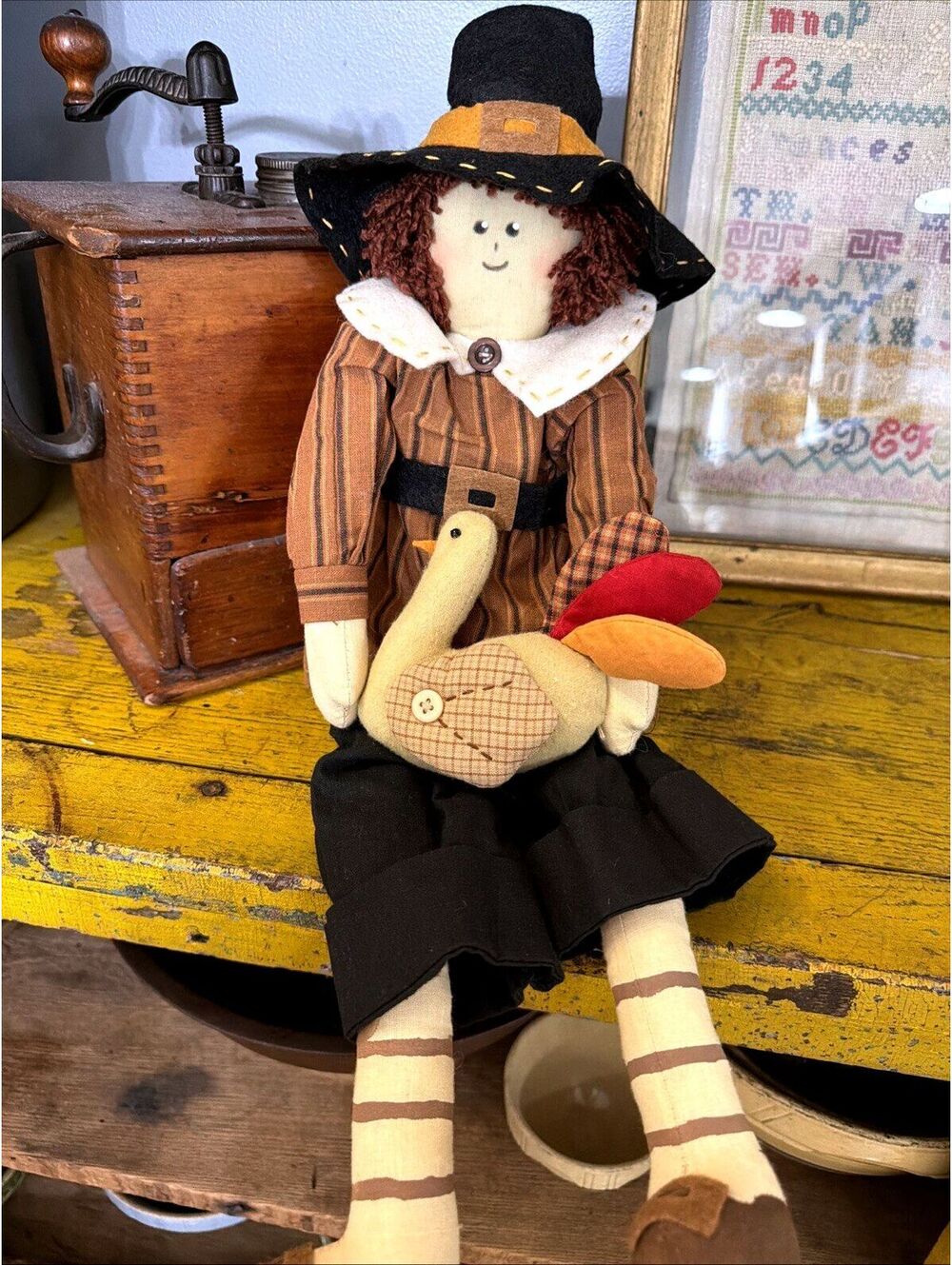 Primitive Pilgrim Boy Doll Handmade Cloth Thanksgiving Decor Rustic Shelf 21”